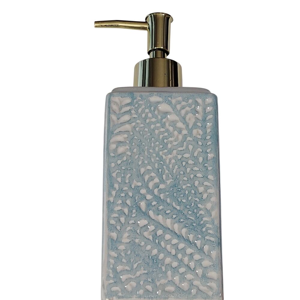 Light Blue Ferns Print Ceramic Liquid Soap Dispenser – 8"H x 2-3/4" Sq.